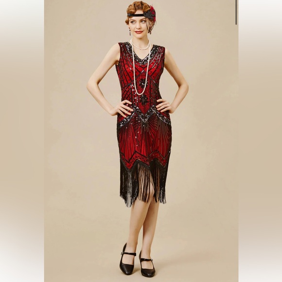 Babeyond Dresses & Skirts - BABEYOND Flapper Cocktail Vintage Era Red Black Sequin Dress Great Cond L